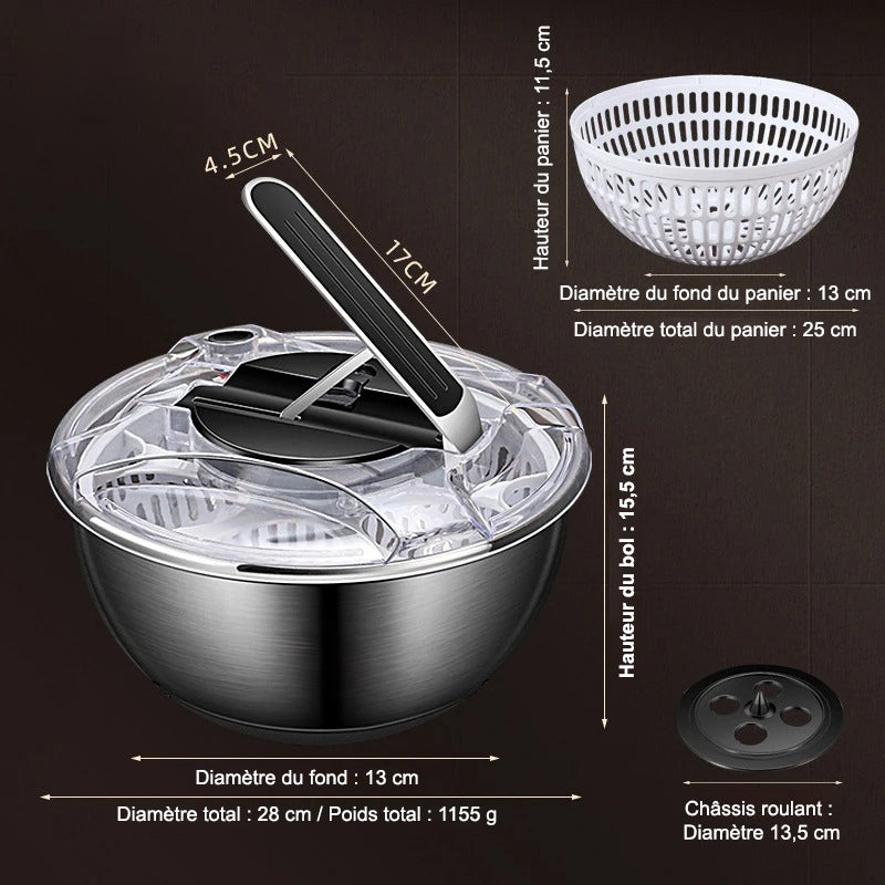 Essoreuse Lave Vaisselle Essoreuse à Salade SveBake - Bol Inox 4.5L - Mécanisme Manivelle - Lave-vaisselle Poele Inox